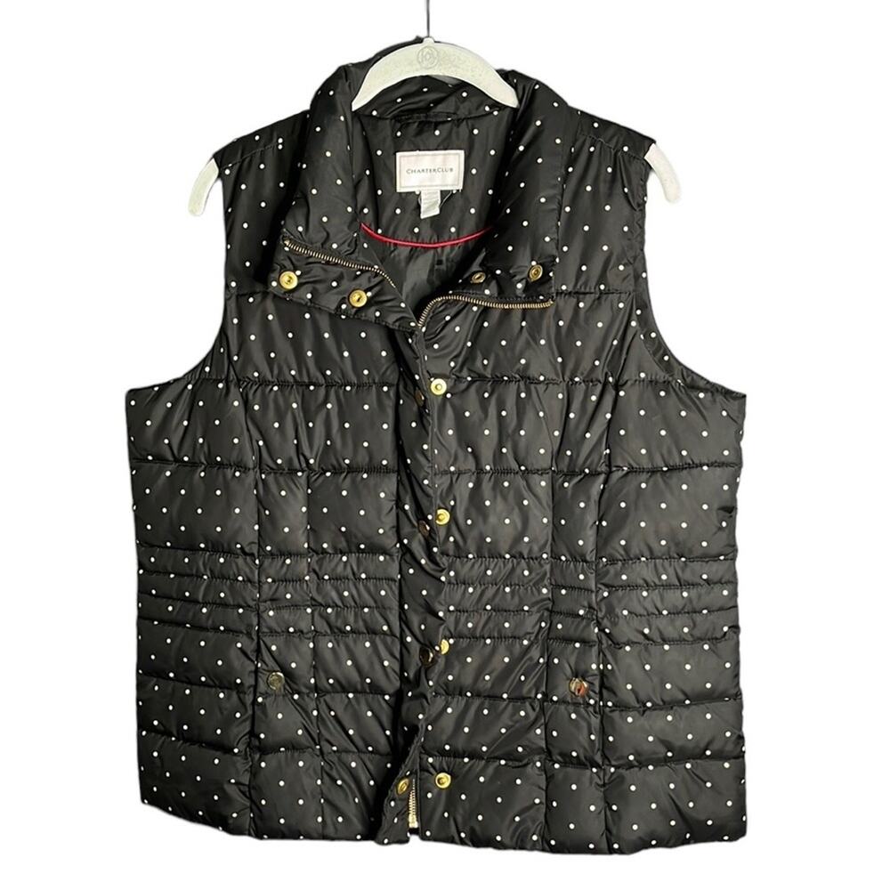 Charter Club Black White Polka Dot Puffer Vest Gold Zipper Large